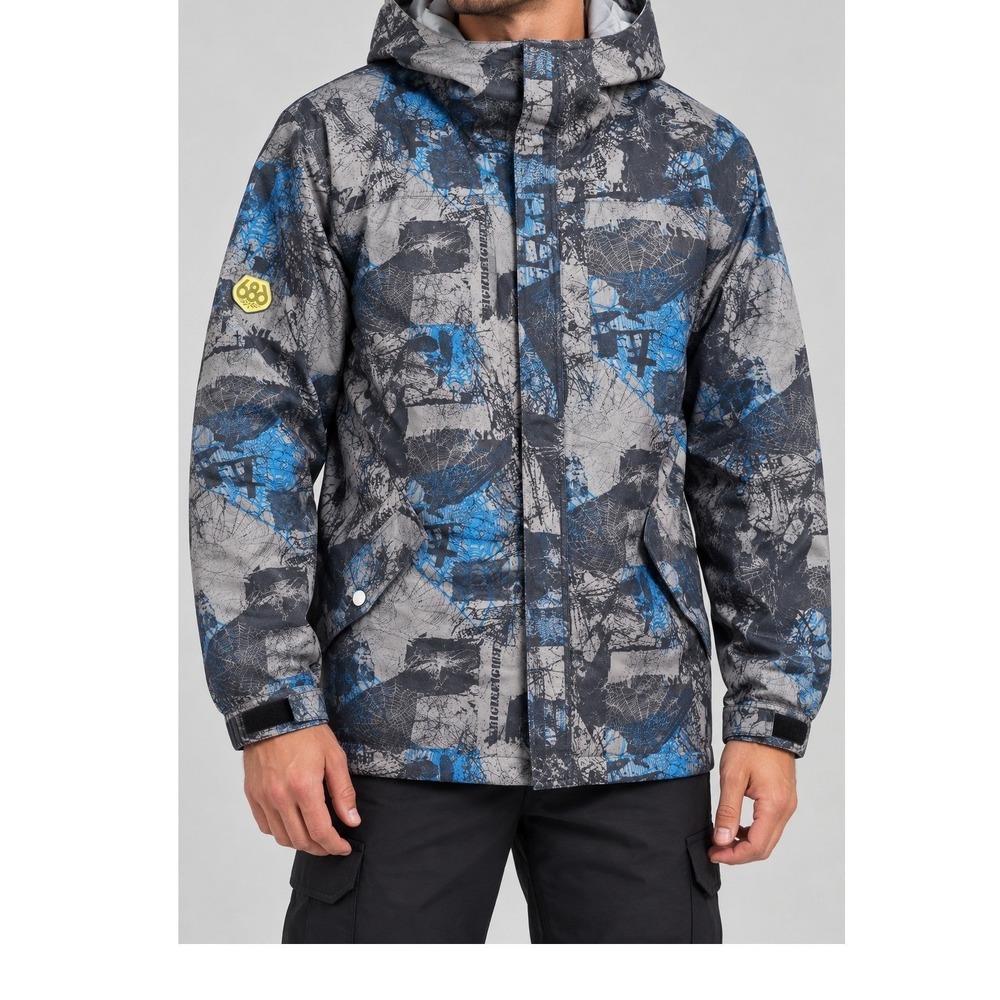 686 Mannual Michael Akira West Mens Snowboard Jacket Blue Grey Graphic Print M